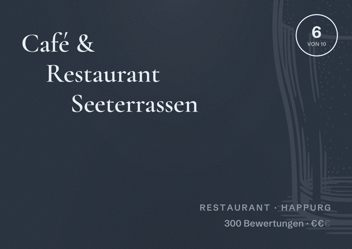 Illustriertes Poster von Café & Restaurant Seeterrassen, Restaurant in Happurg: Bewertung 6 von 10 aus 300 Bewertungen, Preisniveau €€