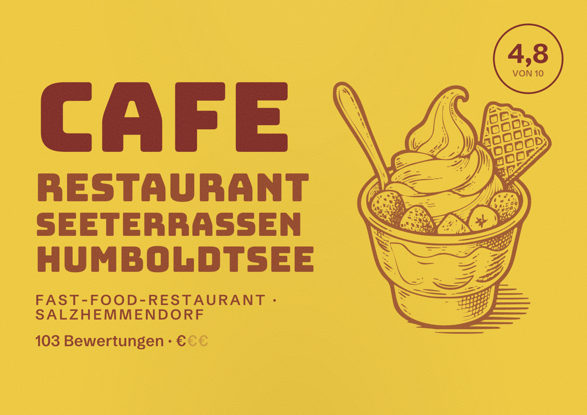 Illustriertes Poster von Cafe Restaurant Seeterrassen Humboldtsee, Fast-Food-Restaurant in Salzhemmendorf: Bewertung 4,8 von 10 aus 103 Bewertungen, Preisniveau €