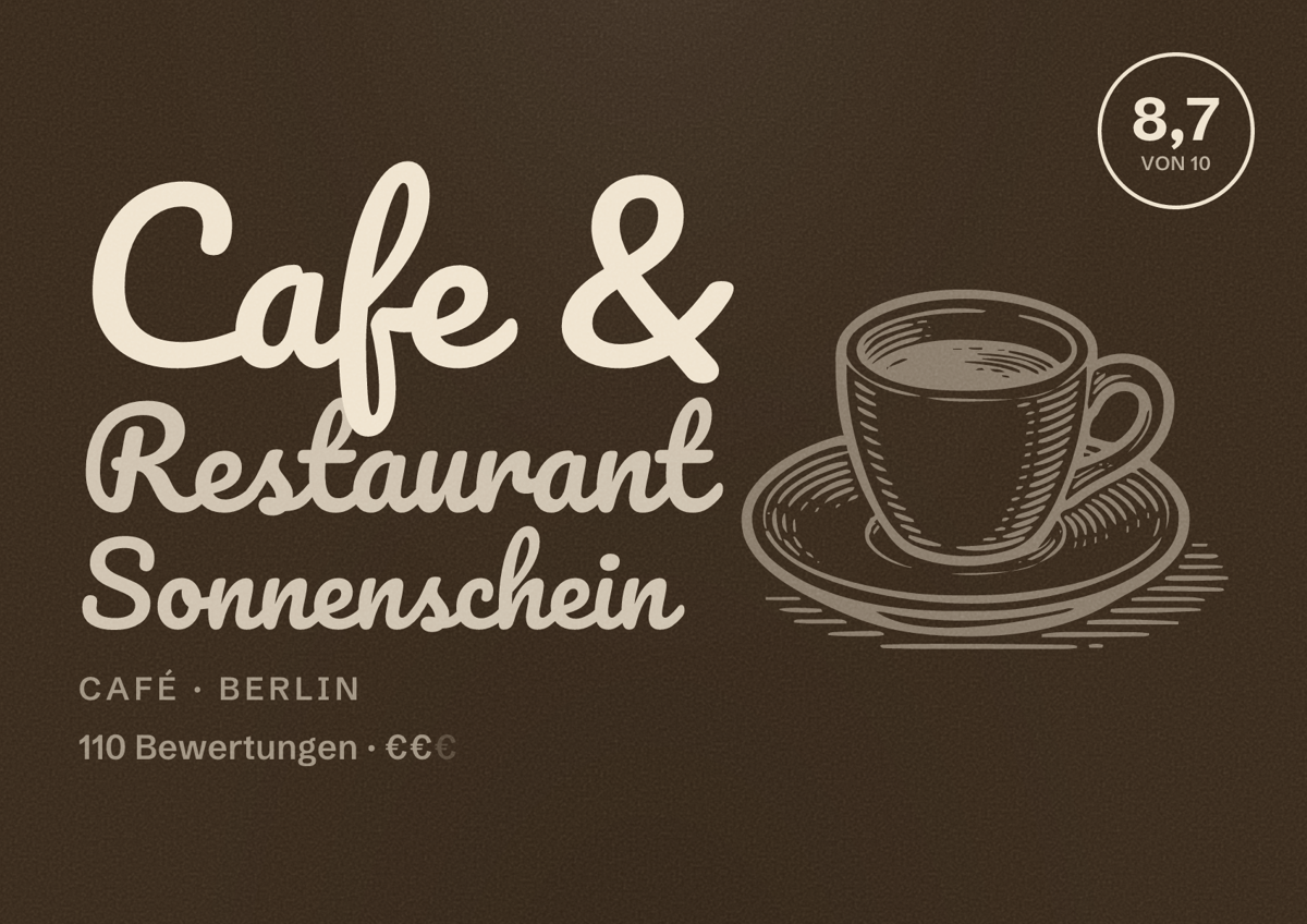 Illustriertes Poster von Cafe & Restaurant Sonnenschein, Café in Berlin: Bewertung 8,7 von 10 aus 110 Bewertungen, Preisniveau €€