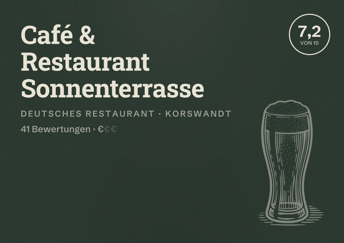 Illustriertes Poster von Café & Restaurant Sonnenterrasse, Deutsches Restaurant in Korswandt: Bewertung 7,2 von 10 aus 41 Bewertungen, Preisniveau €