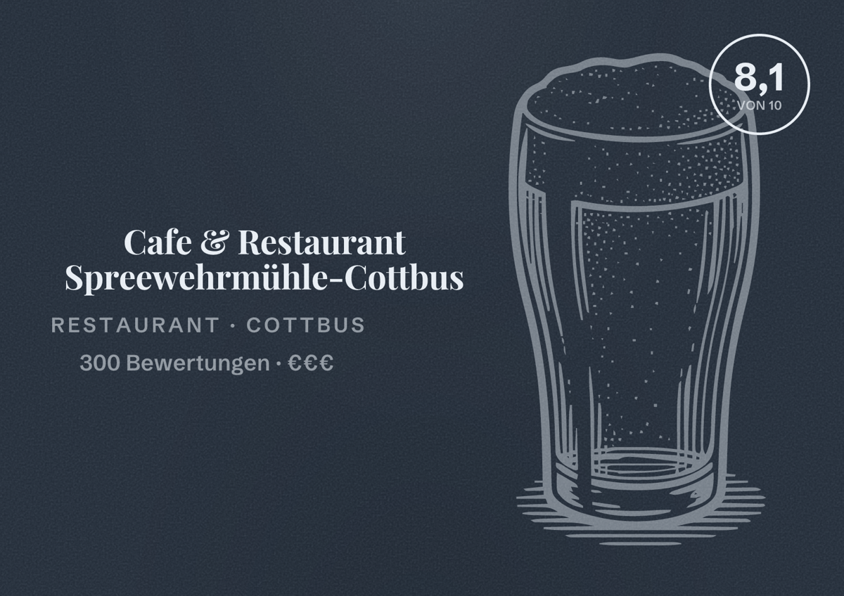 Illustriertes Poster von Cafe & Restaurant Spreewehrmühle-Cottbus, Restaurant in Cottbus: Bewertung 8,1 von 10 aus 300 Bewertungen, Preisniveau €€€