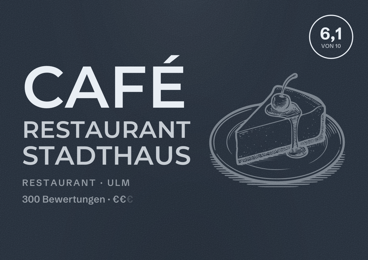 Illustriertes Poster von café restaurant stadthaus, Restaurant in Ulm: Bewertung 6,1 von 10 aus 300 Bewertungen, Preisniveau €€