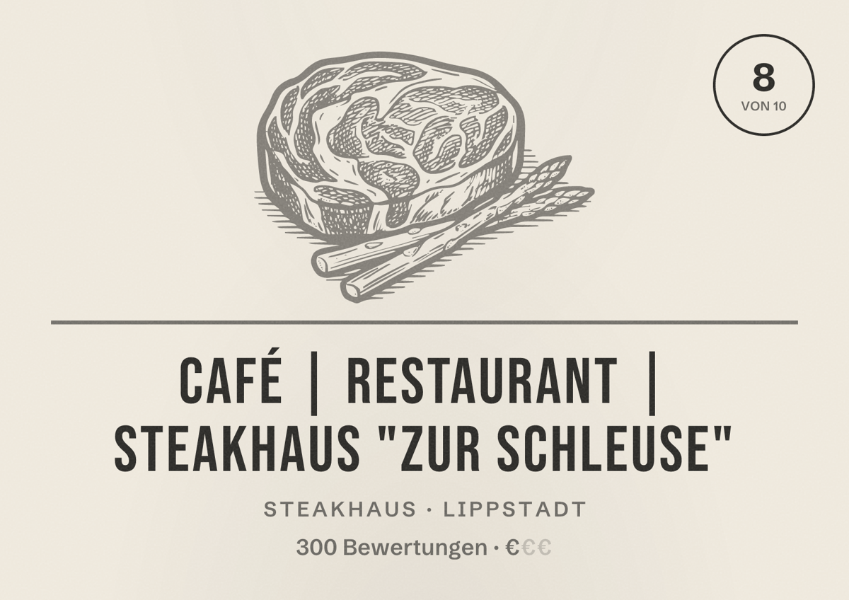 Illustriertes Poster von Café | Restaurant | Steakhaus "Zur Schleuse", Steakhaus in Lippstadt: Bewertung 8 von 10 aus 300 Bewertungen, Preisniveau €