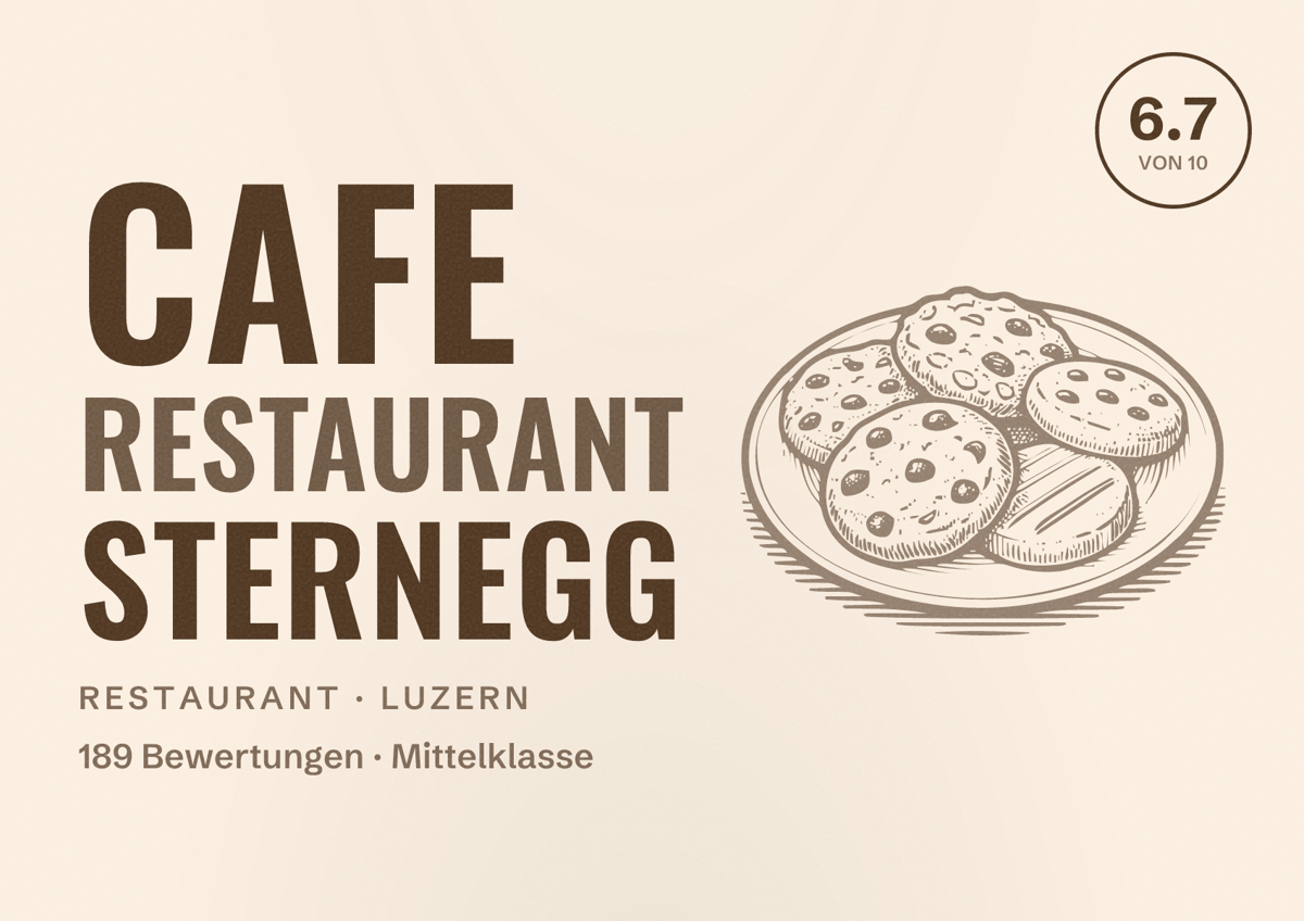 Illustriertes Poster von Cafe Restaurant Sternegg, Restaurant in Luzern: Bewertung 6.7 von 10 aus 189 Bewertungen, Preisniveau Mittelklasse