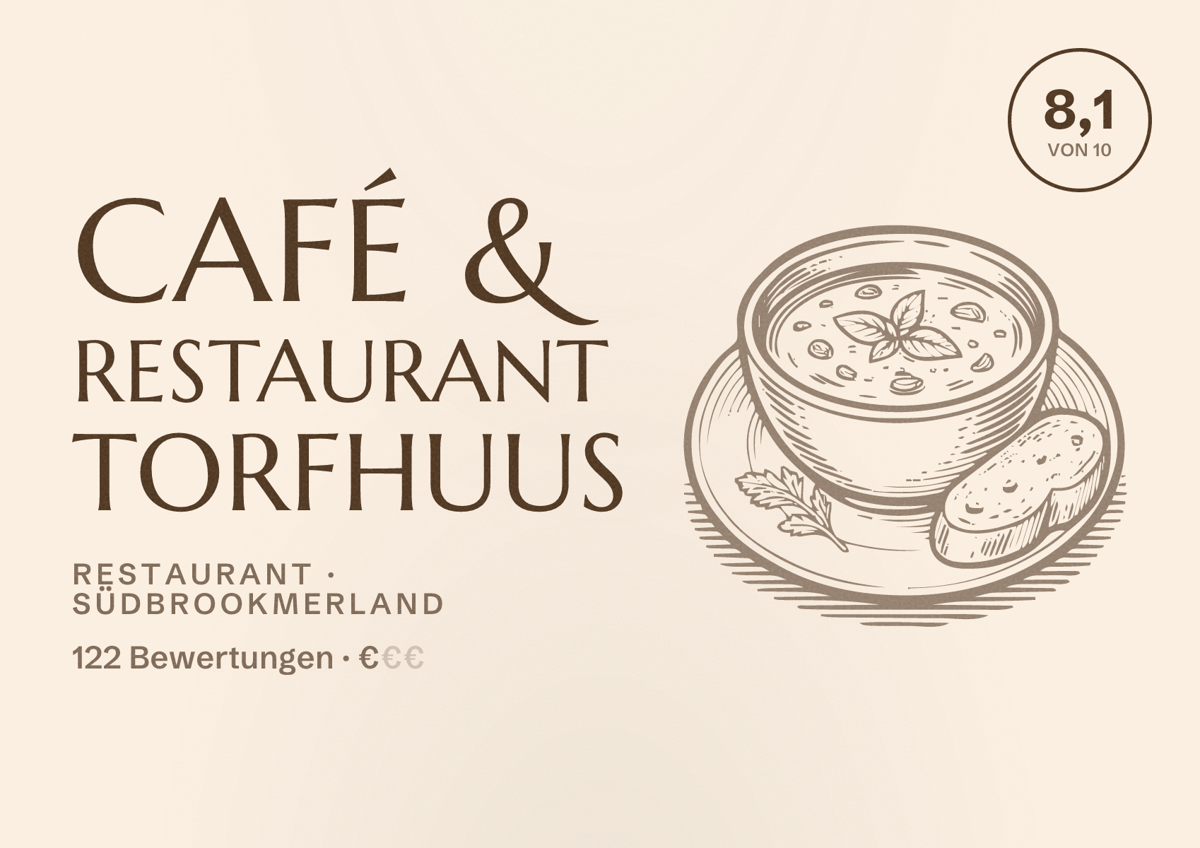 Illustriertes Poster von Café & Restaurant Torfhuus, Restaurant in Südbrookmerland: Bewertung 8,1 von 10 aus 122 Bewertungen, Preisniveau €