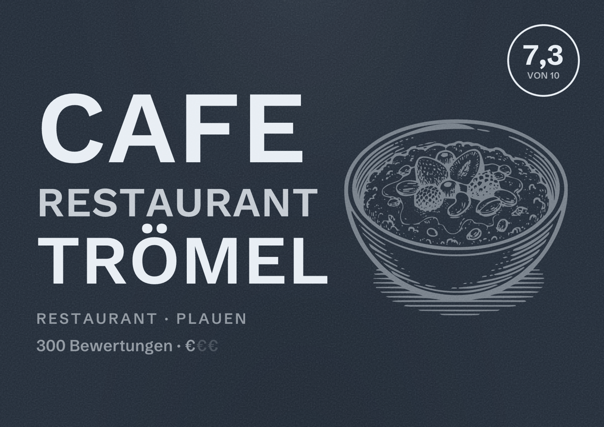 Illustriertes Poster von Cafe Restaurant Trömel, Restaurant in Plauen: Bewertung 7,3 von 10 aus 300 Bewertungen, Preisniveau €