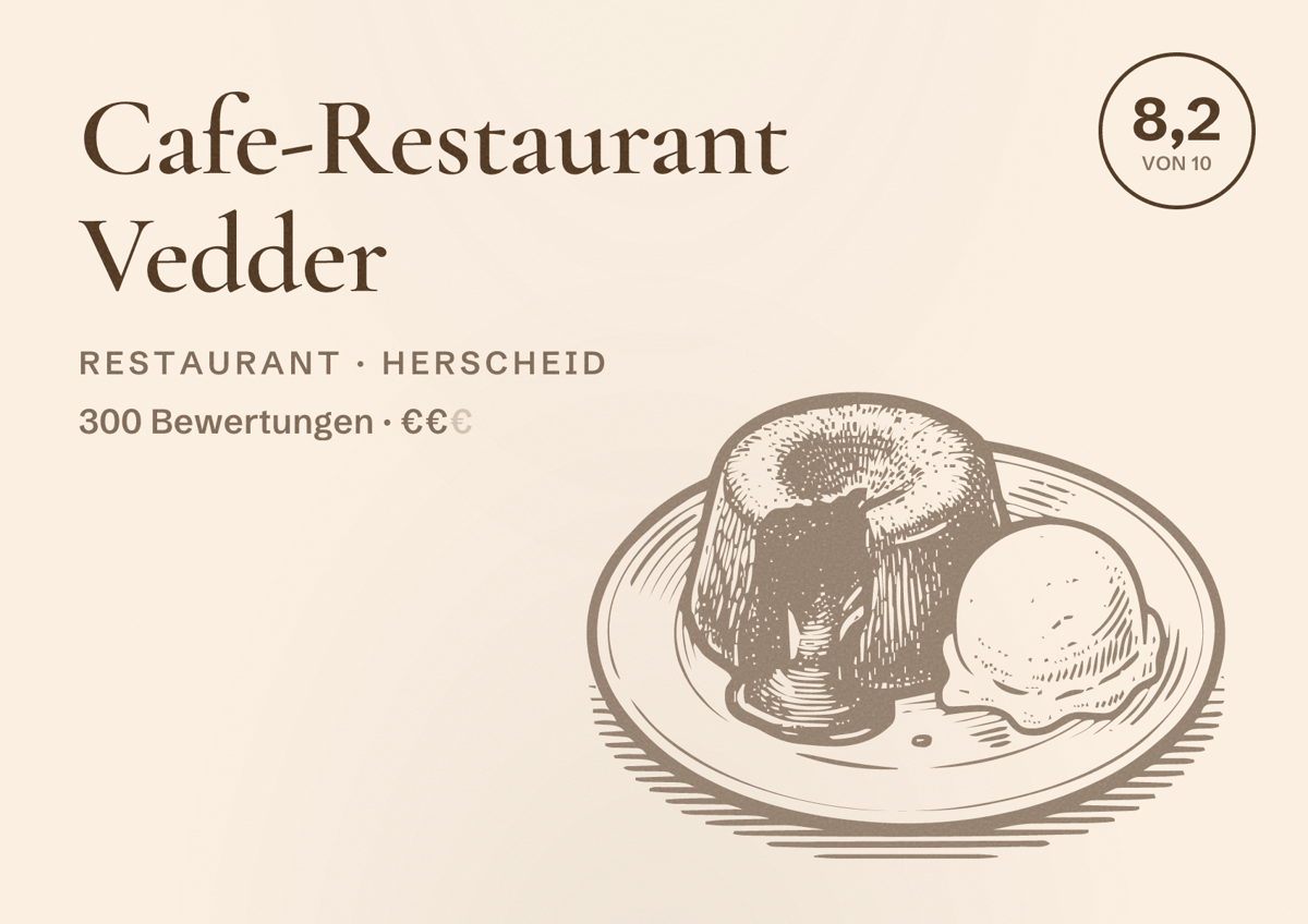 Illustriertes Poster von Cafe-Restaurant Vedder, Restaurant in Herscheid: Bewertung 8,2 von 10 aus 300 Bewertungen, Preisniveau €€