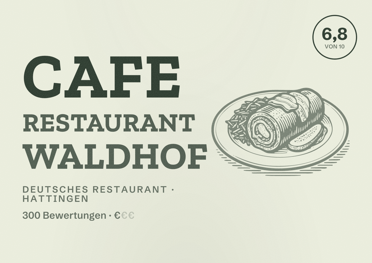 Illustriertes Poster von Cafe Restaurant Waldhof, Deutsches Restaurant in Hattingen: Bewertung 6,8 von 10 aus 300 Bewertungen, Preisniveau €