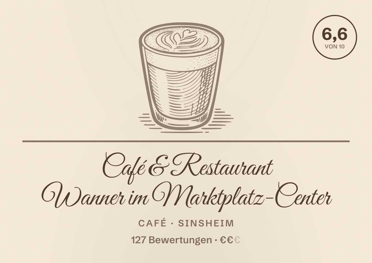Illustriertes Poster von Café & Restaurant Wanner im Marktplatz-Center, Café in Sinsheim: Bewertung 6,6 von 10 aus 127 Bewertungen, Preisniveau €€