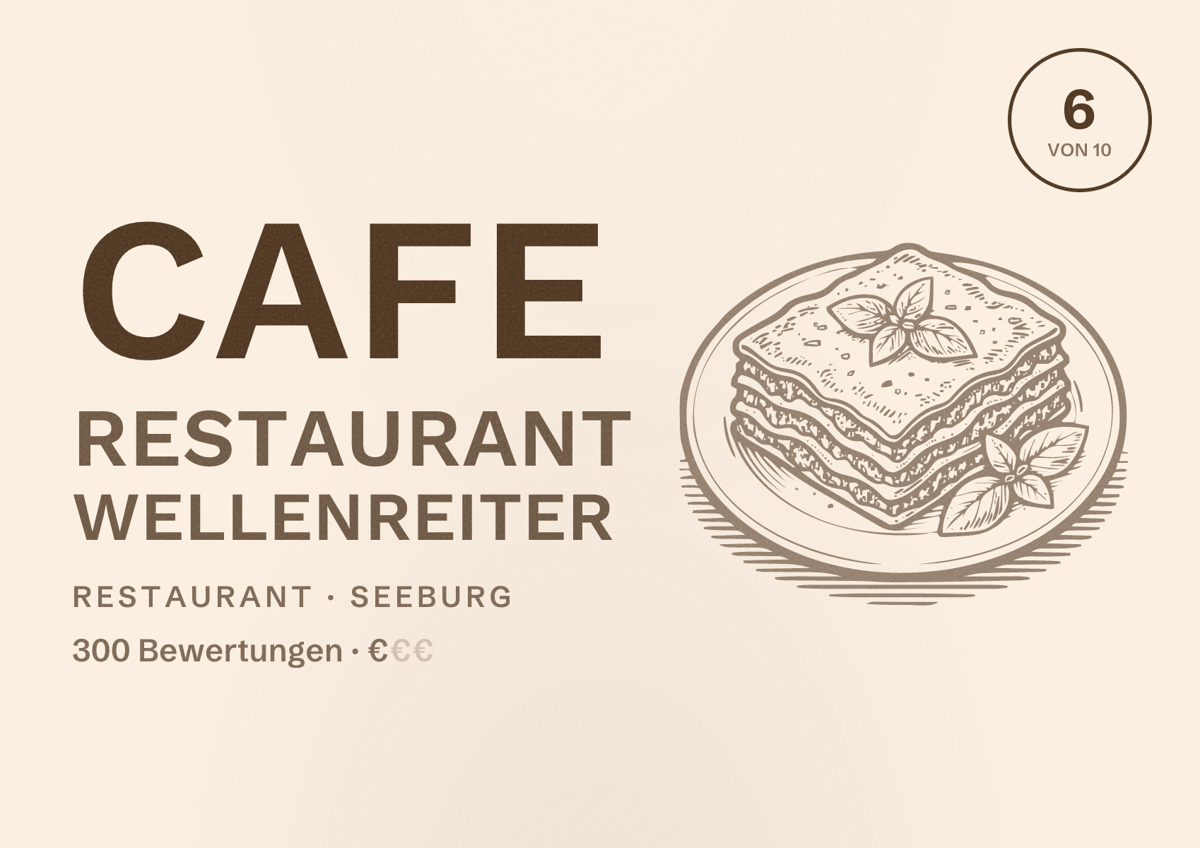 Illustriertes Poster von Cafe Restaurant Wellenreiter, Restaurant in Seeburg: Bewertung 6 von 10 aus 300 Bewertungen, Preisniveau €