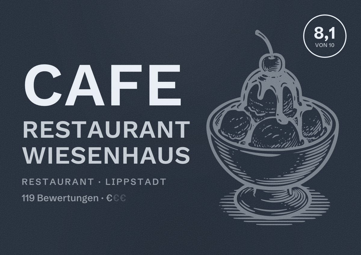 Illustriertes Poster von Cafe Restaurant Wiesenhaus, Restaurant in Lippstadt: Bewertung 8,1 von 10 aus 119 Bewertungen, Preisniveau €
