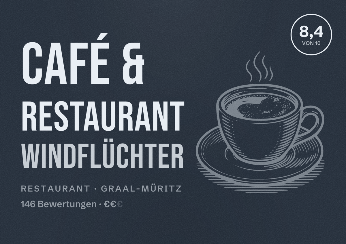 Illustriertes Poster von Café & Restaurant Windflüchter, Restaurant in Graal-Müritz: Bewertung 8,4 von 10 aus 146 Bewertungen, Preisniveau €€