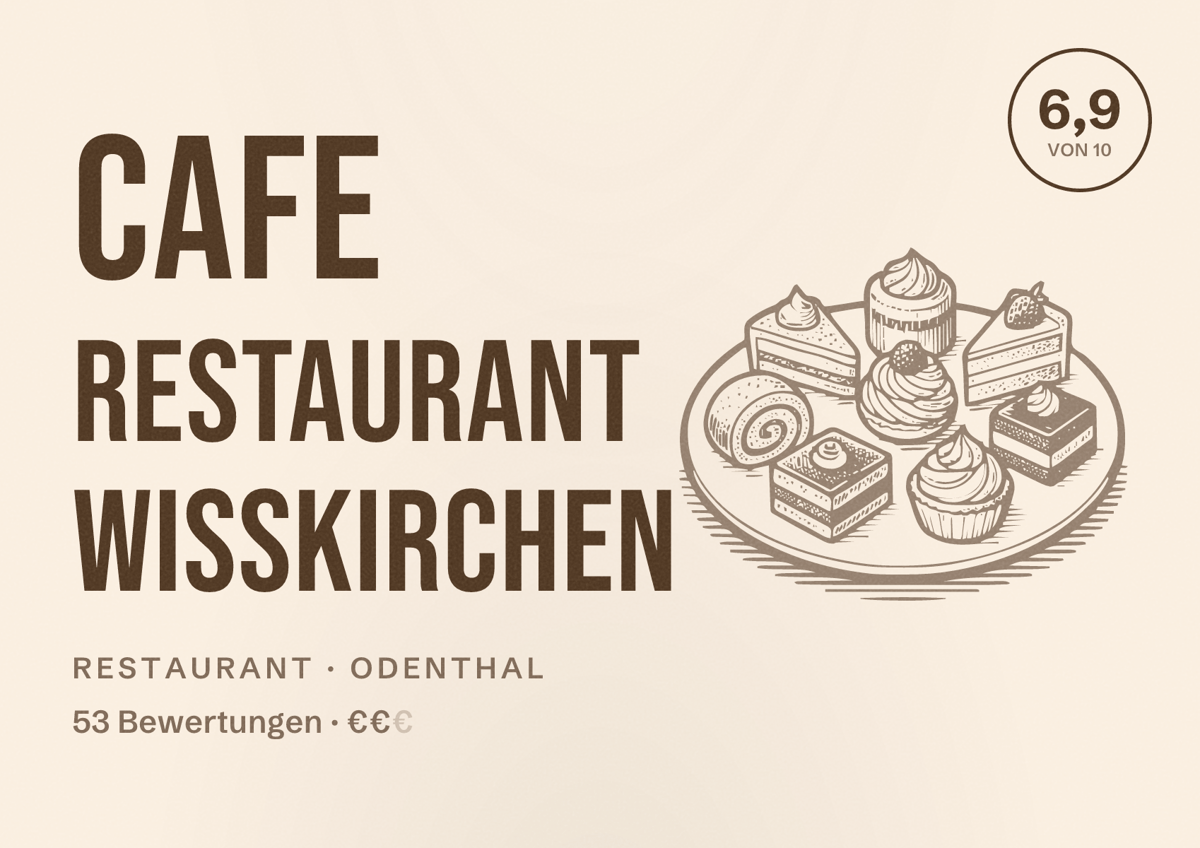 Illustriertes Poster von Cafe Restaurant Wißkirchen, Restaurant in Odenthal: Bewertung 6,9 von 10 aus 53 Bewertungen, Preisniveau €€