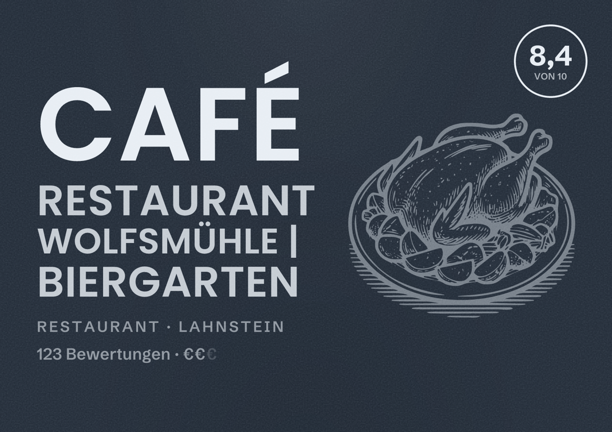 Illustriertes Poster von Café Restaurant Wolfsmühle | Biergarten, Restaurant in Lahnstein: Bewertung 8,4 von 10 aus 123 Bewertungen, Preisniveau €€