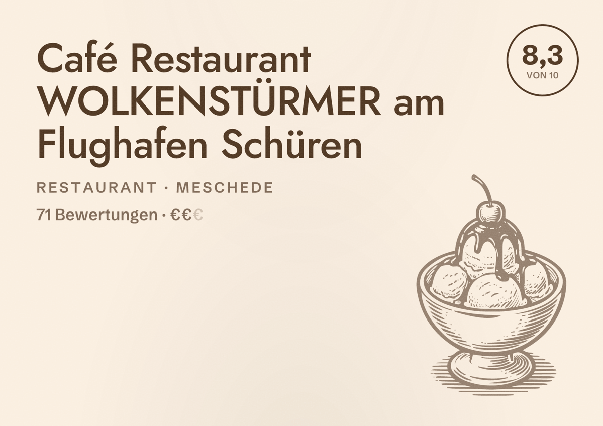 Illustriertes Poster von Café Restaurant WOLKENSTÜRMER am Flughafen Schüren, Restaurant in Meschede: Bewertung 8,3 von 10 aus 71 Bewertungen, Preisniveau €€