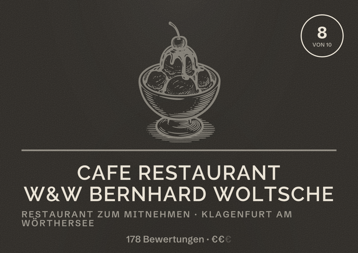 Illustriertes Poster von Cafe Restaurant W&W Bernhard Woltsche, Restaurant zum Mitnehmen in Klagenfurt am Wörthersee: Bewertung 8 von 10 aus 178 Bewertungen, Preisniveau €€