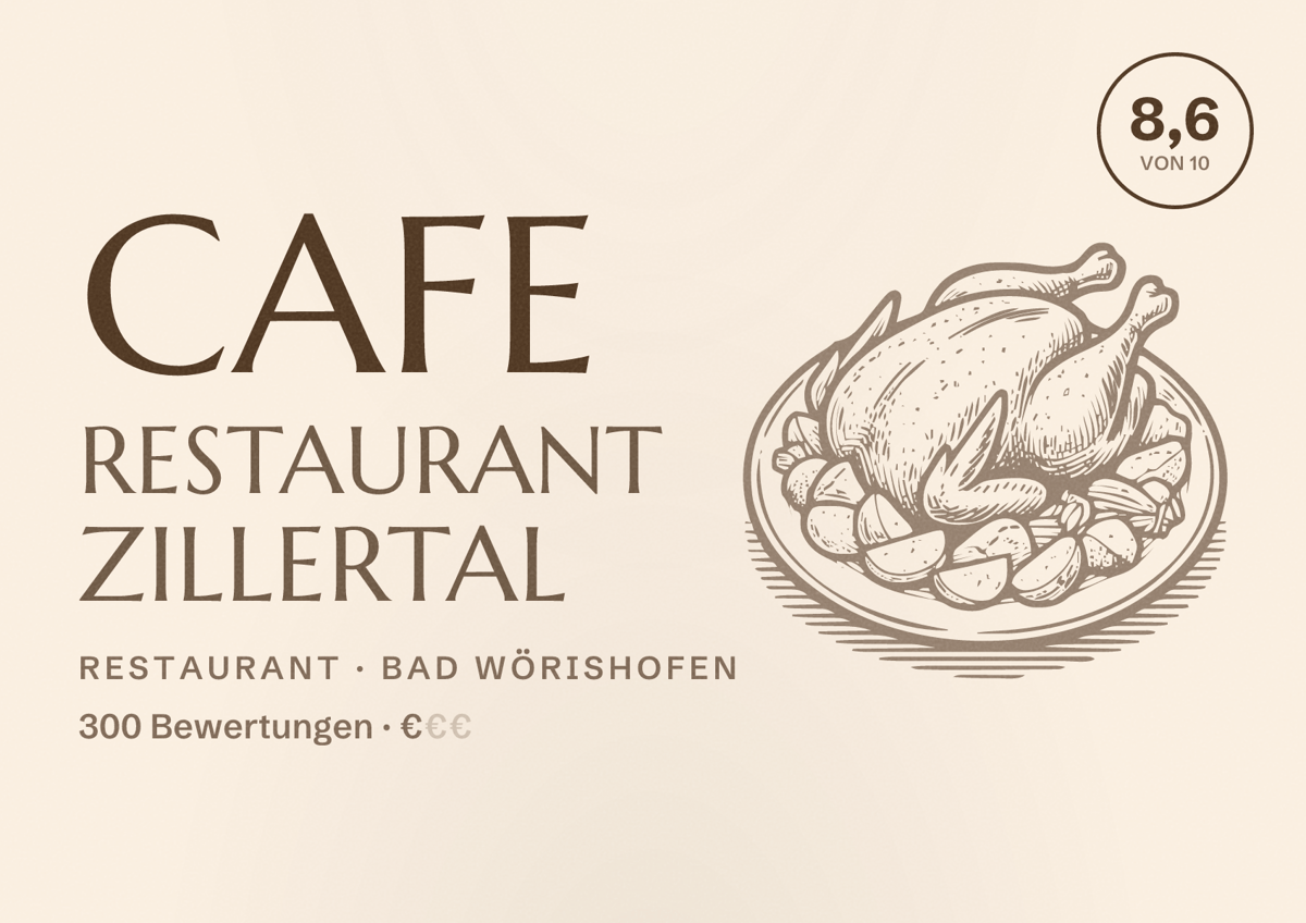 Illustriertes Poster von Cafe Restaurant Zillertal, Restaurant in Bad Wörishofen: Bewertung 8,6 von 10 aus 300 Bewertungen, Preisniveau €