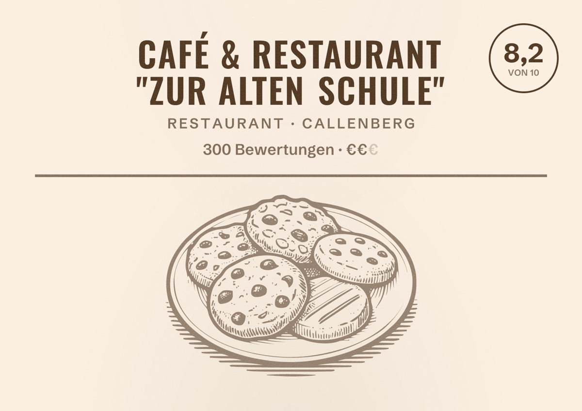 Illustriertes Poster von Café & Restaurant "Zur alten Schule", Restaurant in Callenberg: Bewertung 8,2 von 10 aus 300 Bewertungen, Preisniveau €€