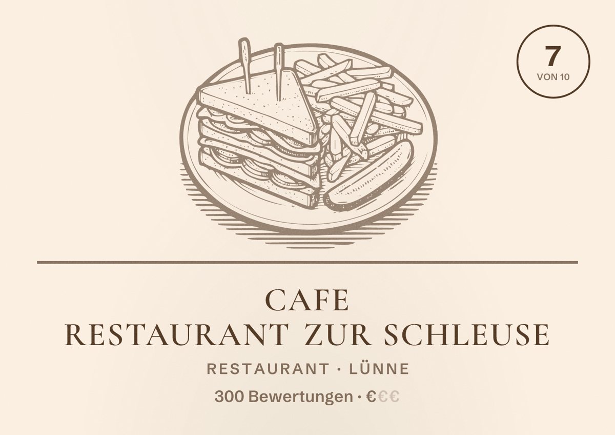 Illustriertes Poster von Cafe Restaurant zur Schleuse, Restaurant in Lünne: Bewertung 7 von 10 aus 300 Bewertungen, Preisniveau €