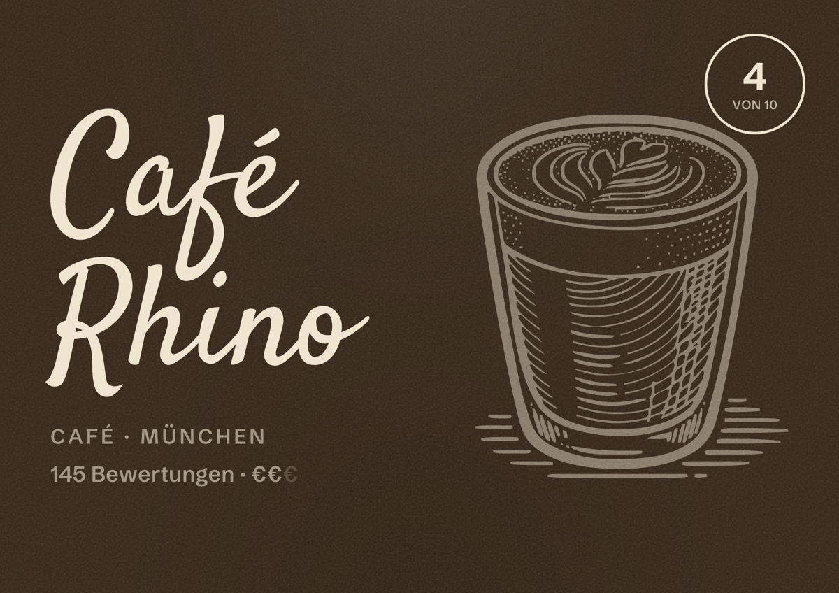 Illustriertes Poster von Café Rhino, Café in München: Bewertung 4,0 von 10 aus 145 Bewertungen, Preisniveau €€