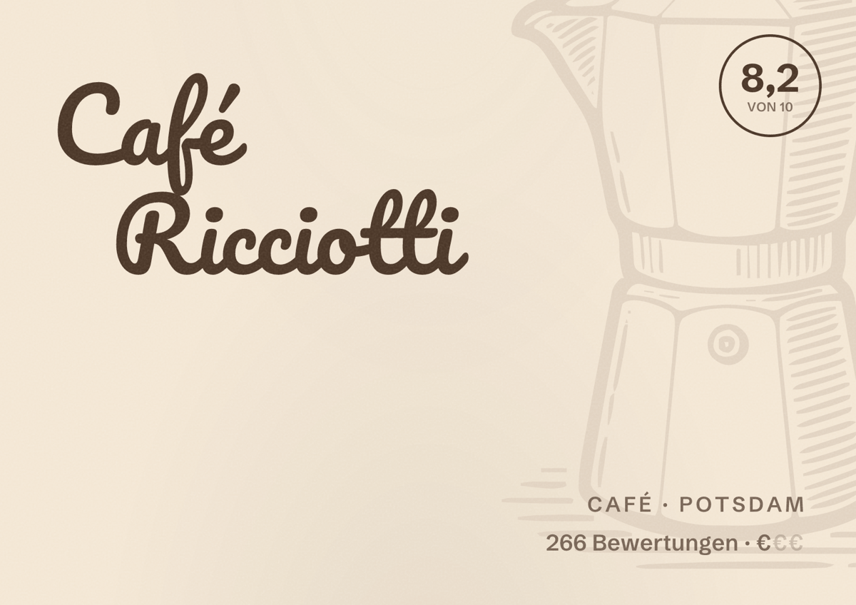 Illustriertes Poster von Café Ricciotti, Café in Potsdam: Bewertung 8,2 von 10 aus 266 Bewertungen, Preisniveau €