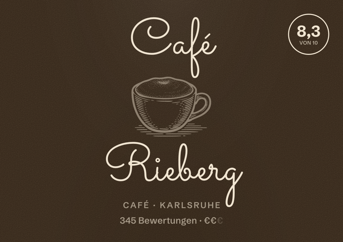 Illustriertes Poster von Café Rieberg, Café in Karlsruhe: Bewertung 8,3 von 10 aus 345 Bewertungen, Preisniveau €€