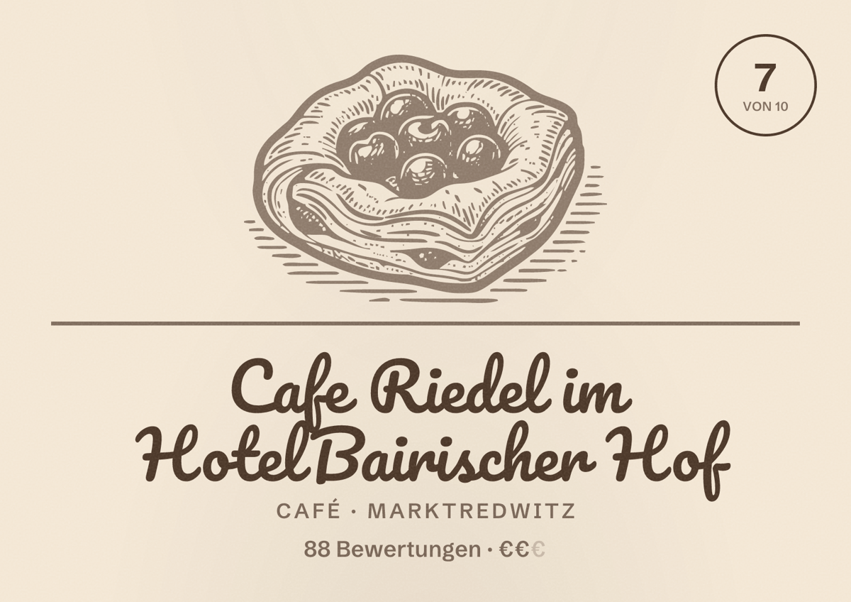 Illustriertes Poster von Cafe Riedel im Hotel Bairischer Hof, Café in Marktredwitz: Bewertung 7 von 10 aus 88 Bewertungen, Preisniveau €€