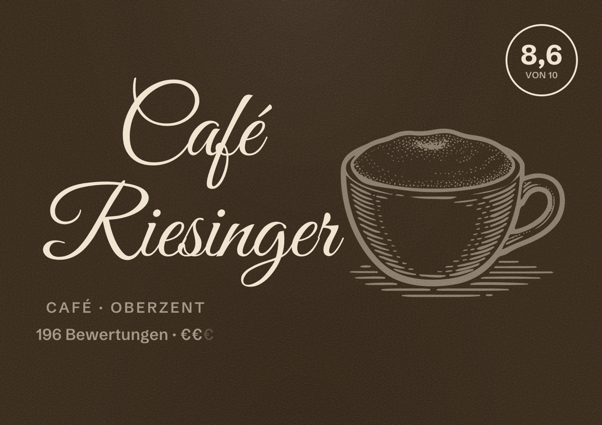 Illustriertes Poster von Café Riesinger, Café in Oberzent: Bewertung 8,6 von 10 aus 196 Bewertungen, Preisniveau €€