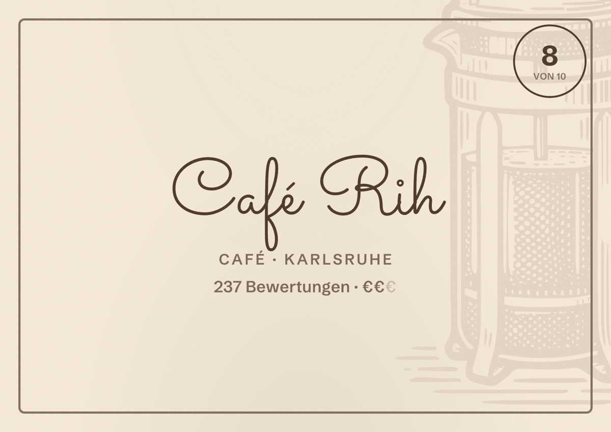 Illustriertes Poster von Café Rih, Café in Karlsruhe: Bewertung 8 von 10 aus 237 Bewertungen, Preisniveau €€
