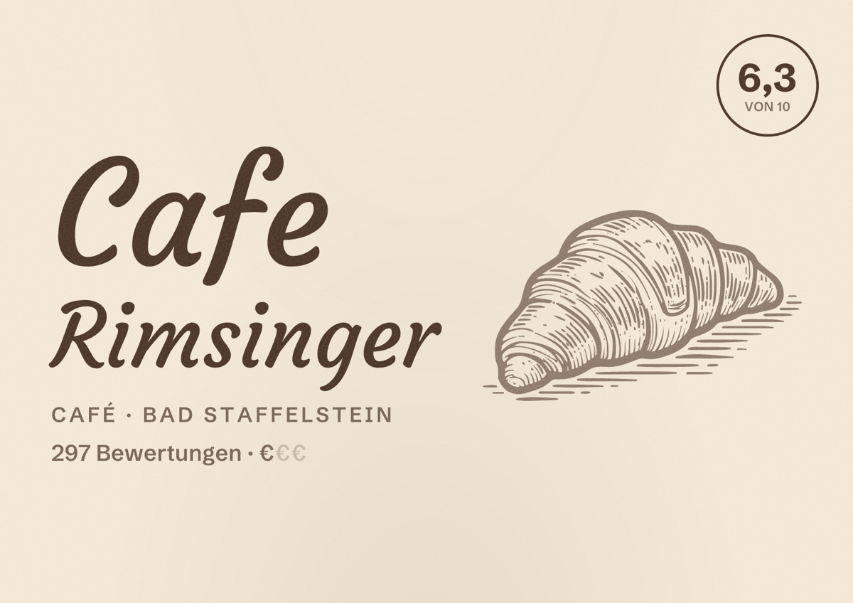 Illustriertes Poster von Cafe Rimsinger, Café in Bad Staffelstein: Bewertung 6,3 von 10 aus 297 Bewertungen, Preisniveau €