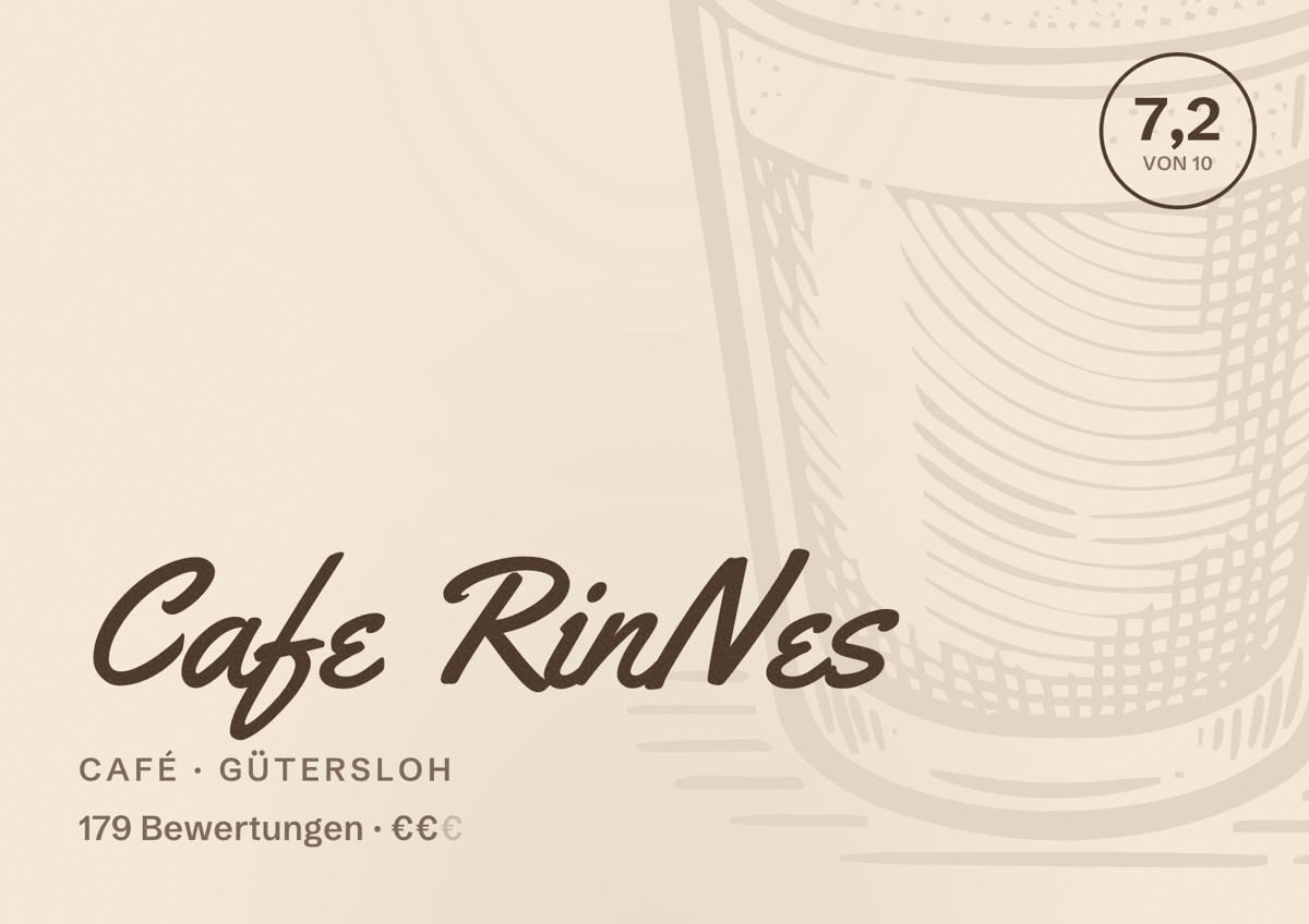 Illustriertes Poster von Cafe RinNes, Café in Gütersloh: Bewertung 7,2 von 10 aus 179 Bewertungen, Preisniveau €€