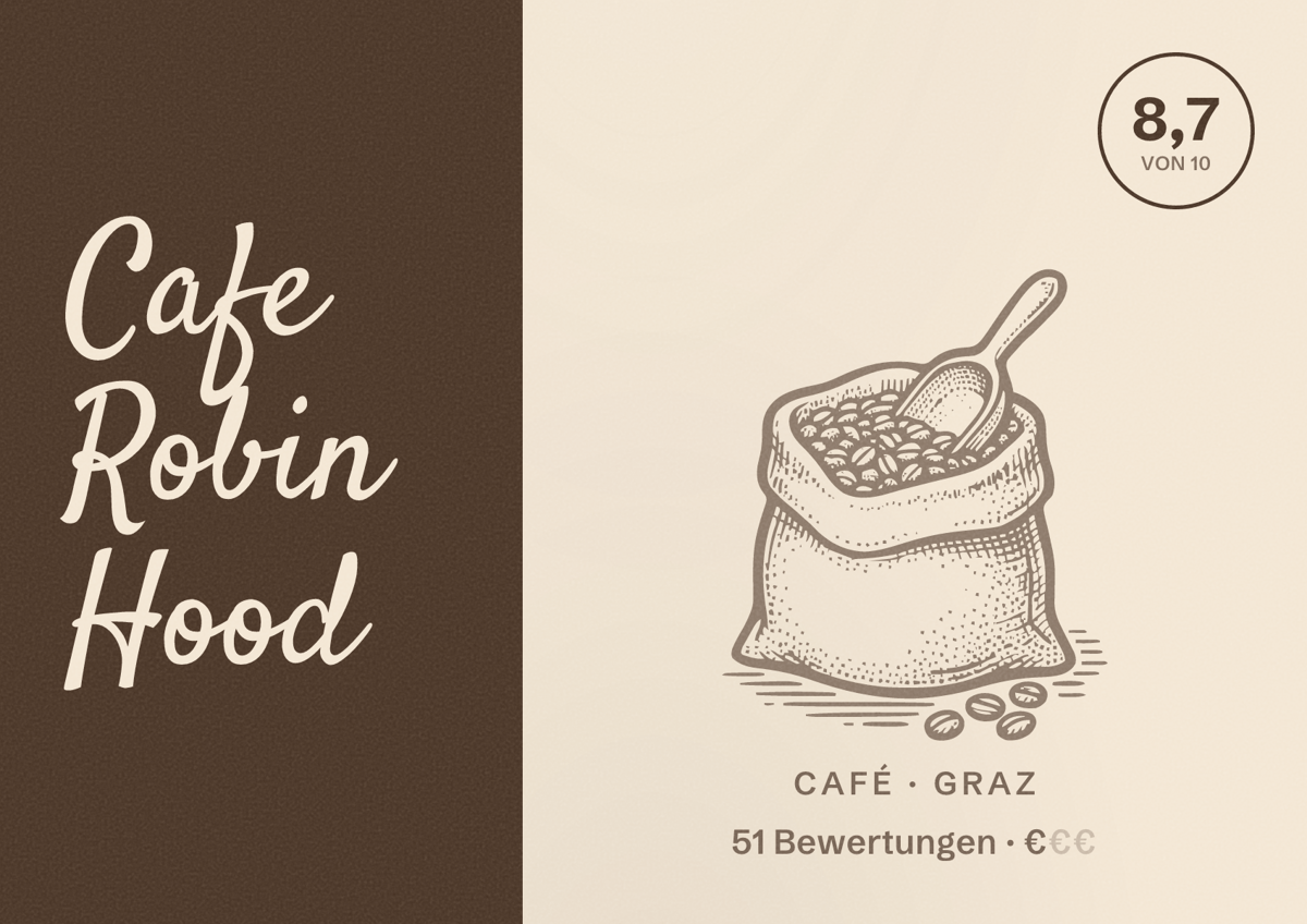 Illustriertes Poster von Cafe Robin Hood, Café in Graz: Bewertung 8,7 von 10 aus 51 Bewertungen, Preisniveau €