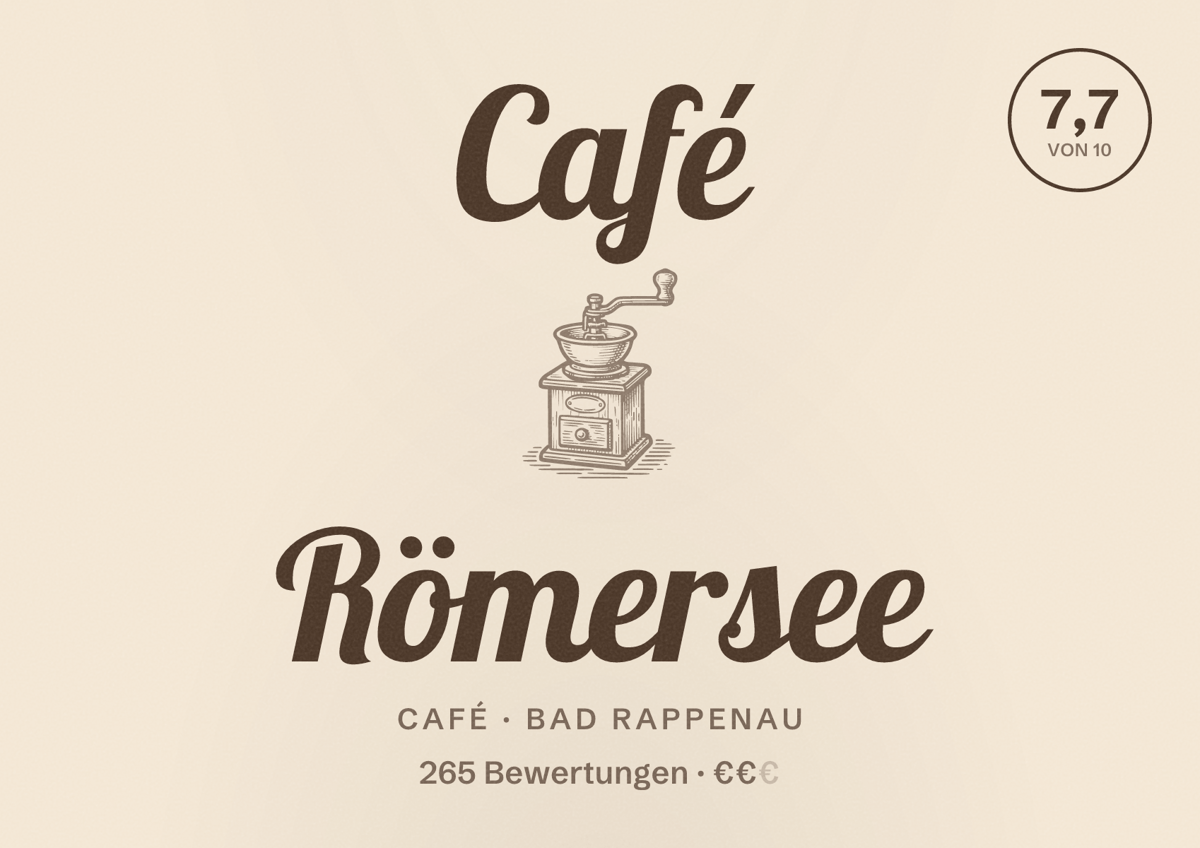 Illustriertes Poster von Café Römersee, Café in Bad Rappenau: Bewertung 7,7 von 10 aus 265 Bewertungen, Preisniveau €€