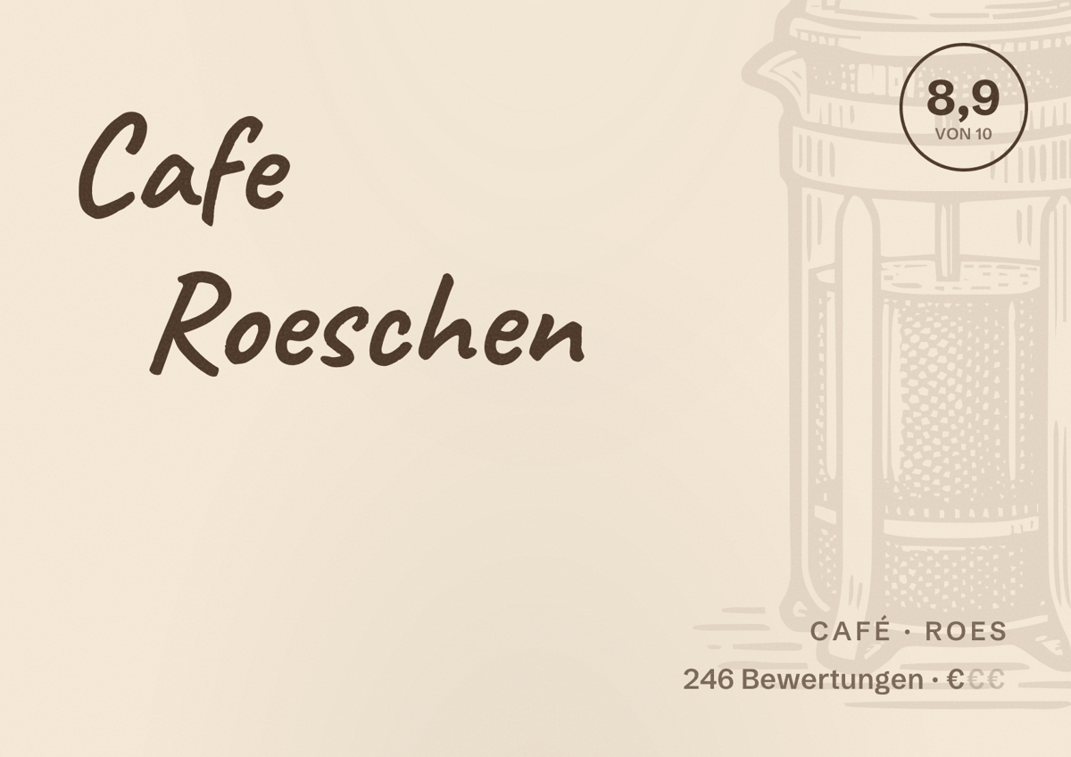 Illustriertes Poster von Cafe Roeschen, Café in Roes: Bewertung 8,9 von 10 aus 246 Bewertungen, Preisniveau €