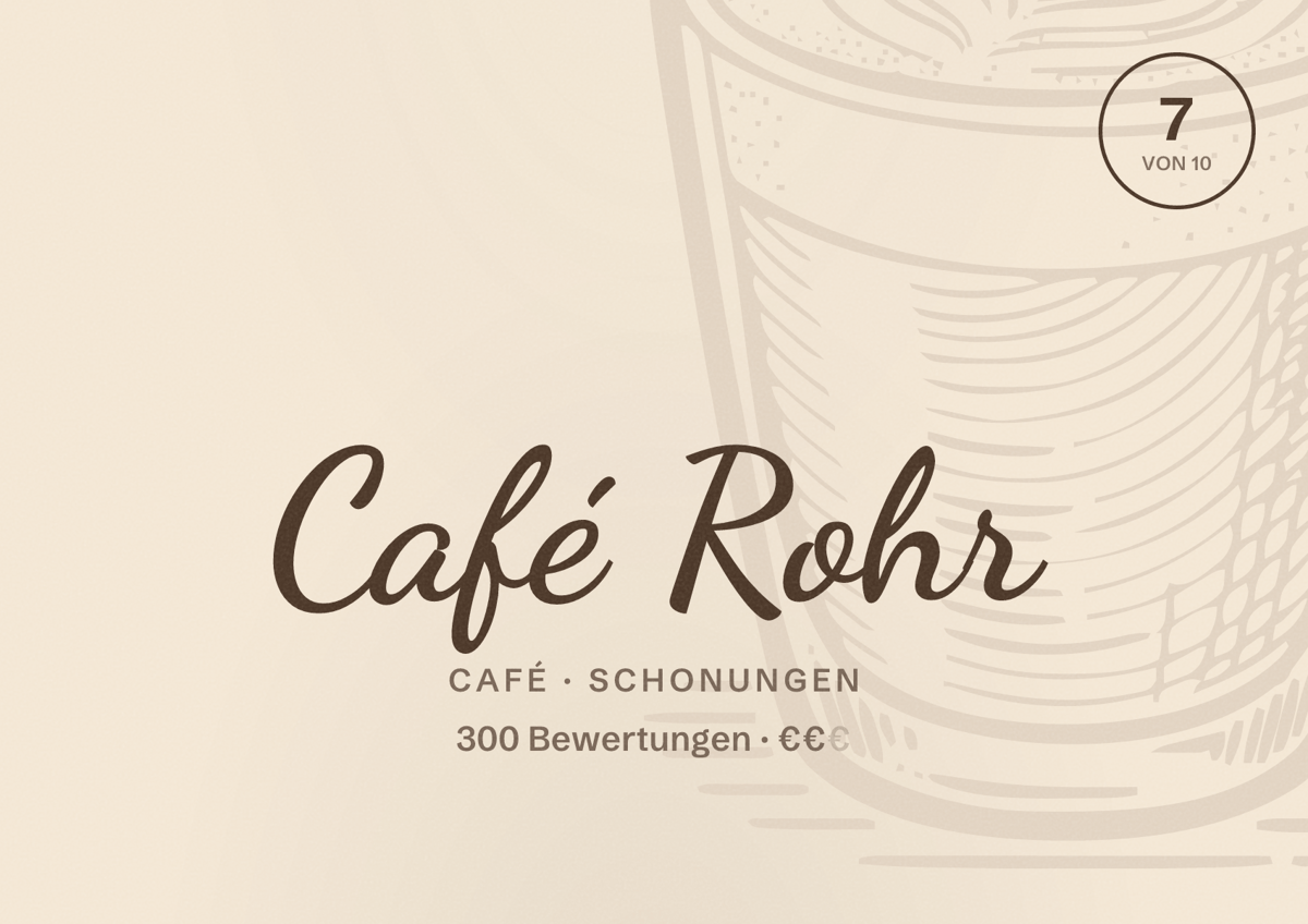 Illustriertes Poster von Café Rohr, Café in Schonungen: Bewertung 7 von 10 aus 300 Bewertungen, Preisniveau €€