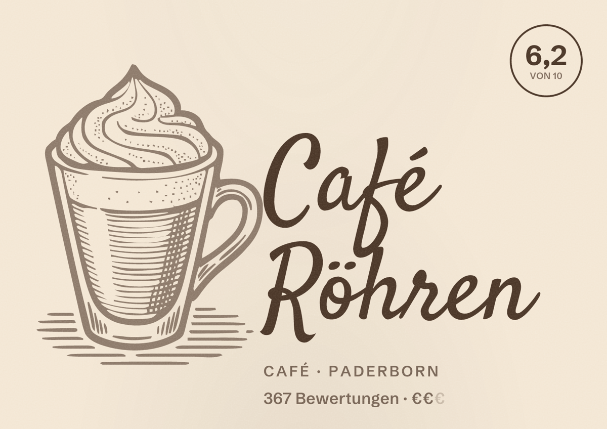 Illustriertes Poster von Café Röhren, Café in Paderborn: Bewertung 6,2 von 10 aus 367 Bewertungen, Preisniveau €€