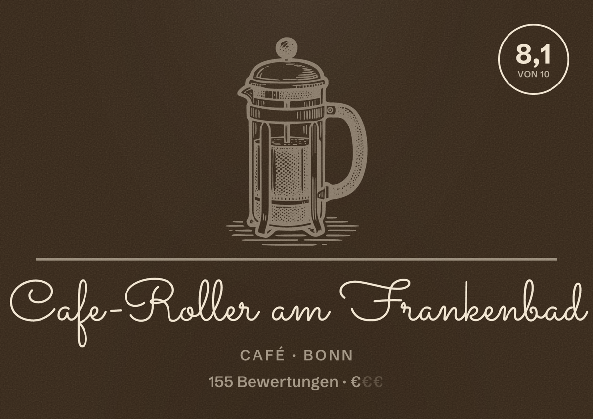 Illustriertes Poster von Cafe-Roller am Frankenbad, Café in Bonn: Bewertung 8,1 von 10 aus 155 Bewertungen, Preisniveau €
