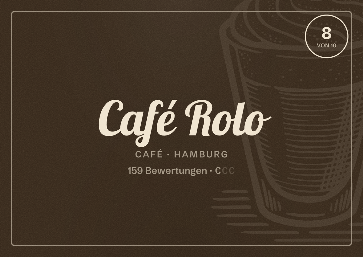 Illustriertes Poster von Café Rolo, Café in Hamburg: Bewertung 8,0 von 10 aus 159 Bewertungen, Preisniveau €