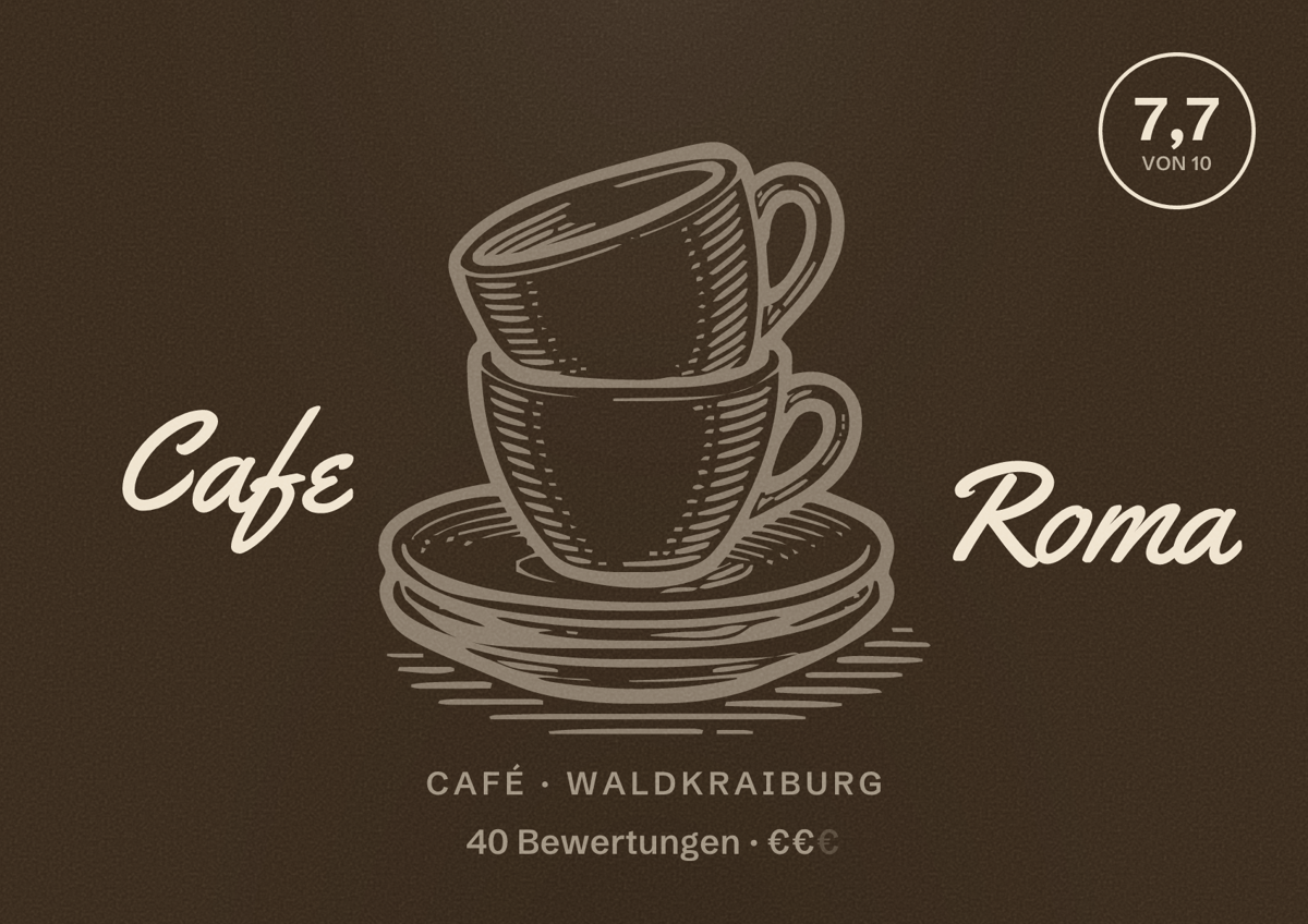 Illustriertes Poster von Cafe Roma, Café in Waldkraiburg: Bewertung 7,7 von 10 aus 40 Bewertungen, Preisniveau €€
