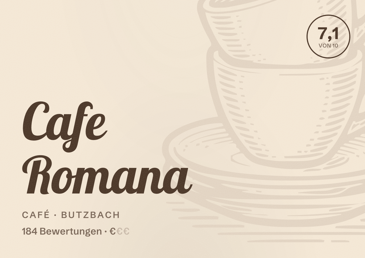 Illustriertes Poster von Cafe Romana, Café in Butzbach: Bewertung 7,1 von 10 aus 184 Bewertungen, Preisniveau €