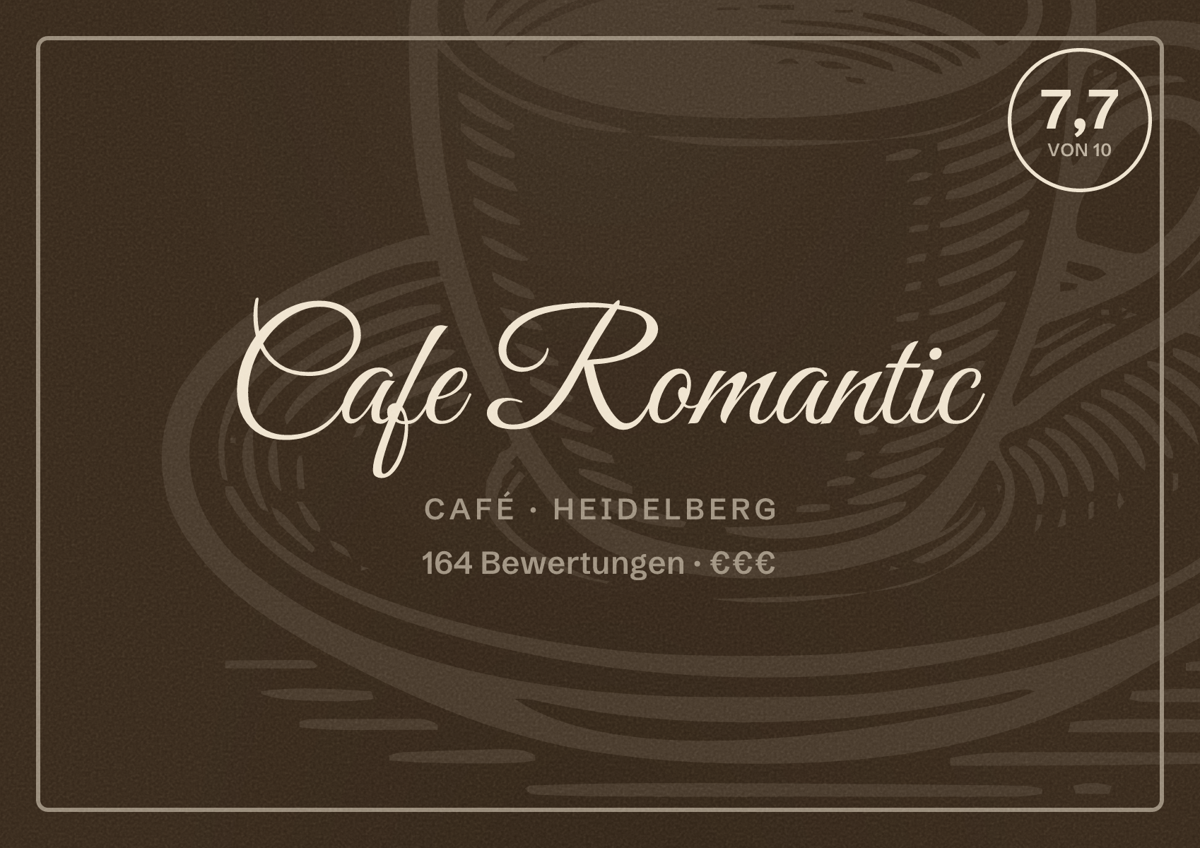 Illustriertes Poster von Cafe Romantic, Café in Heidelberg: Bewertung 7,7 von 10 aus 164 Bewertungen, Preisniveau €€€