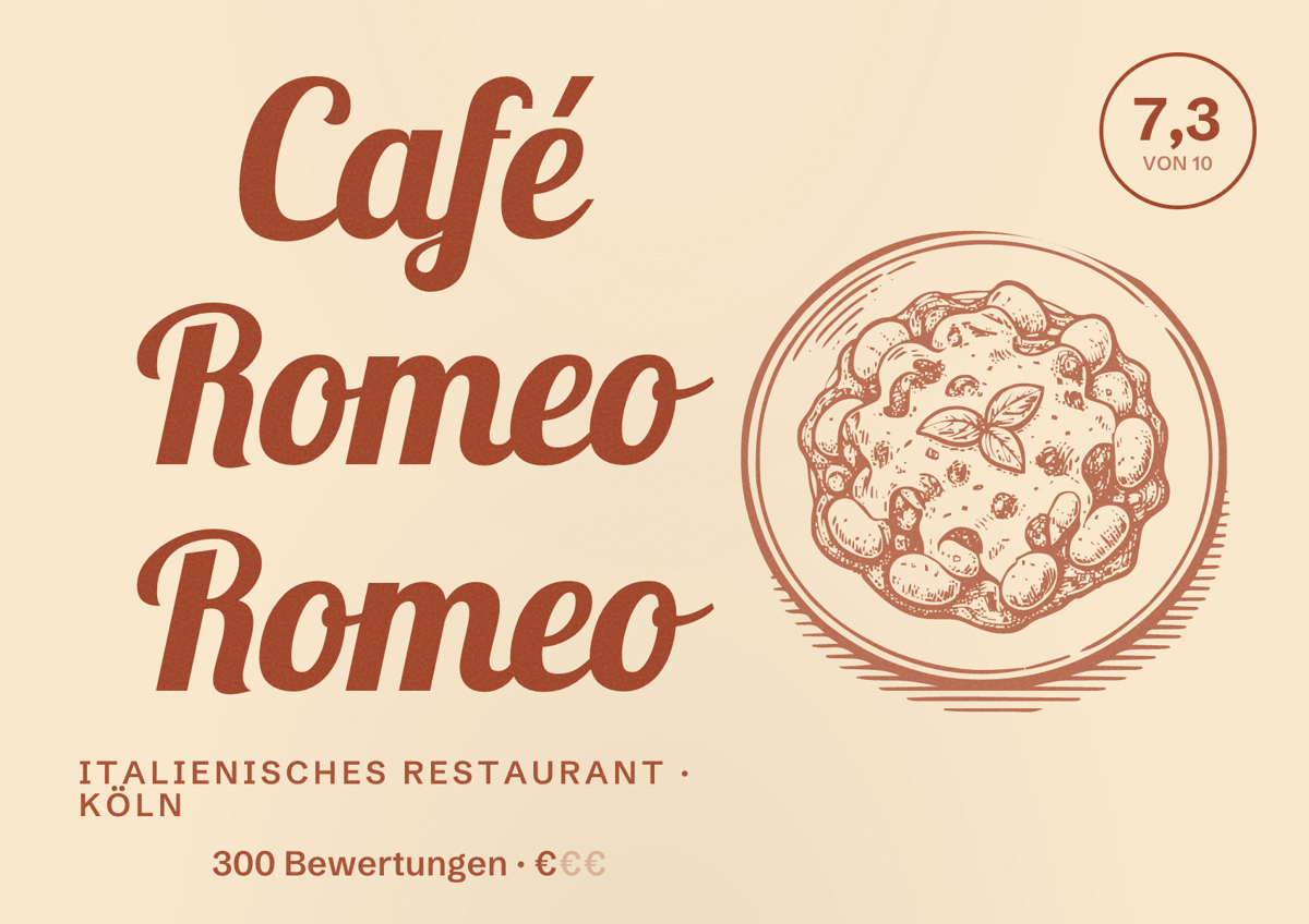 Illustriertes Poster von Café Romeo Romeo, Italienisches Restaurant in Köln: Bewertung 7,3 von 10 aus 300 Bewertungen, Preisniveau €