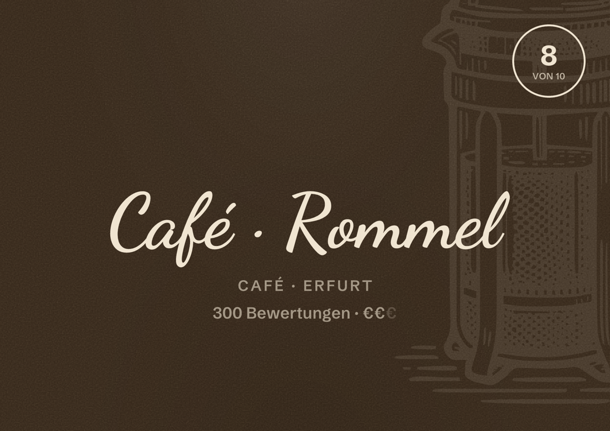 Illustriertes Poster von Café Rommel, Café in Erfurt: Bewertung 8,0 von 10 aus 300 Bewertungen, Preisniveau €€