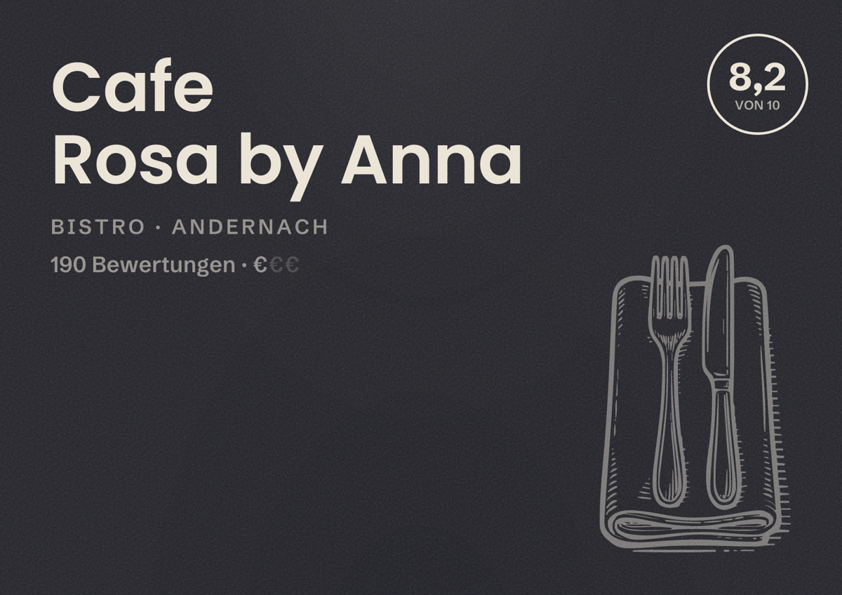 Illustriertes Poster von Cafe Rosa by Anna, Bistro in Andernach: Bewertung 8,2 von 10 aus 190 Bewertungen, Preisniveau €