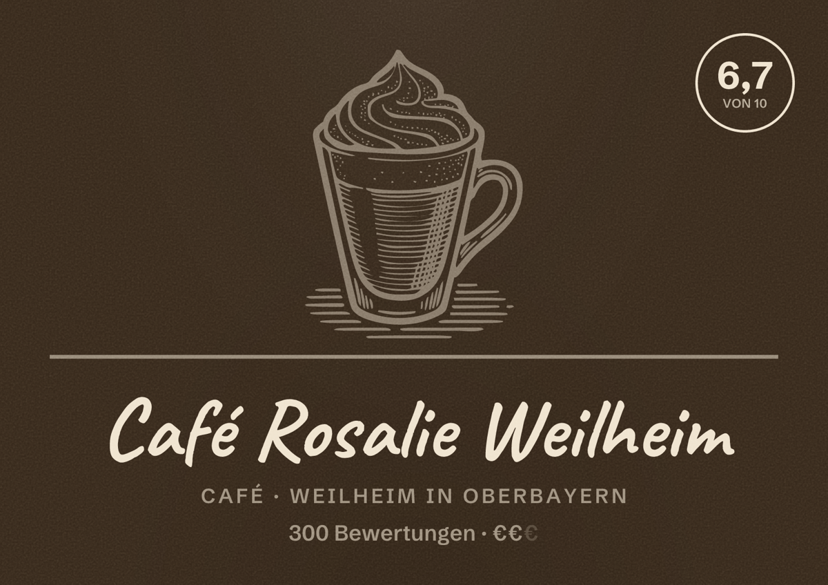 Illustriertes Poster von Café Rosalie Weilheim, Café in Weilheim in Oberbayern: Bewertung 6,7 von 10 aus 300 Bewertungen, Preisniveau €€