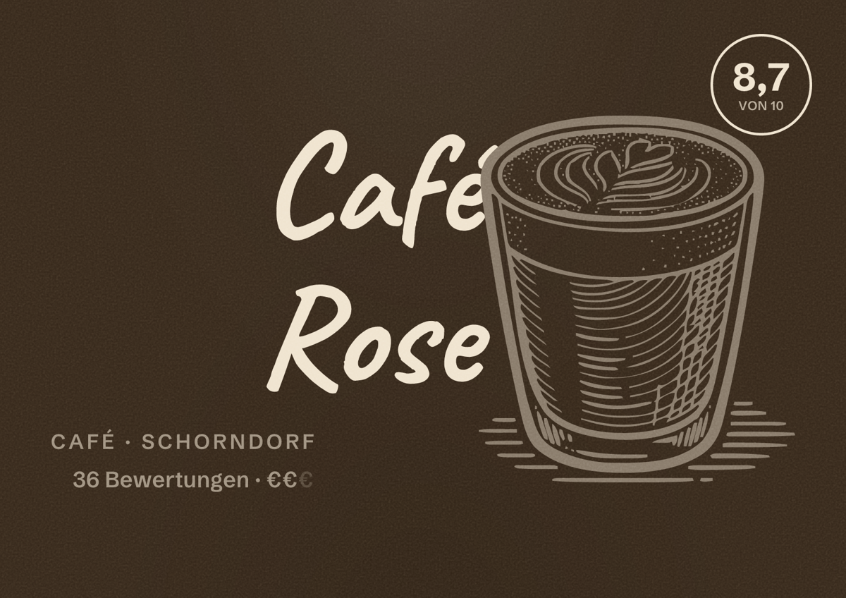 Illustriertes Poster von Café Rose, Café in Schorndorf: Bewertung 8,7 von 10 aus 36 Bewertungen, Preisniveau €€