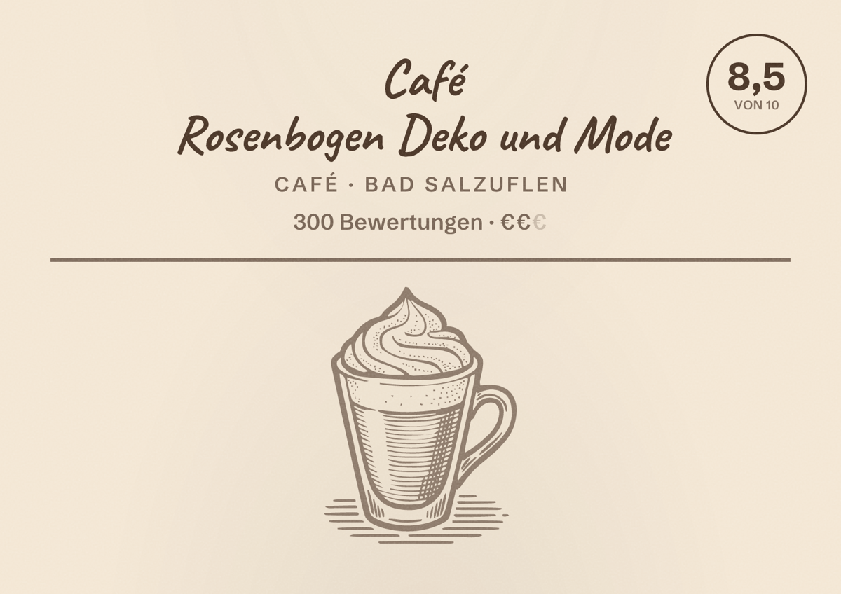 Illustriertes Poster von Café Rosenbogen Deko und Mode, Café in Bad Salzuflen: Bewertung 8,5 von 10 aus 300 Bewertungen, Preisniveau €€