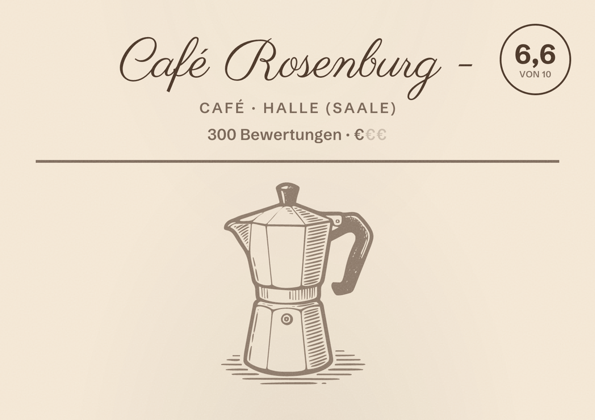 Illustriertes Poster von Café Rosenburg -, Café in Halle (Saale): Bewertung 6,6 von 10 aus 300 Bewertungen, Preisniveau €