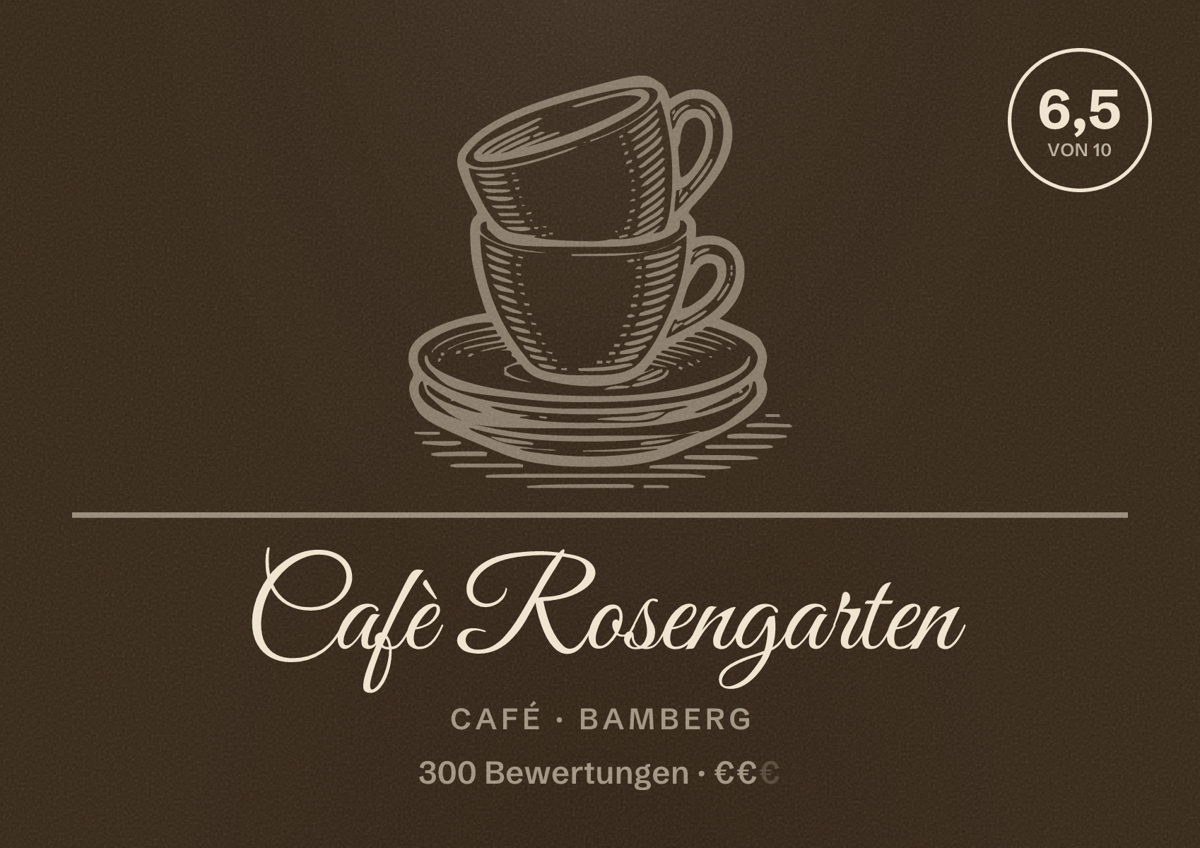 Illustriertes Poster von Cafè Rosengarten, Café in Bamberg: Bewertung 6,5 von 10 aus 300 Bewertungen, Preisniveau €€
