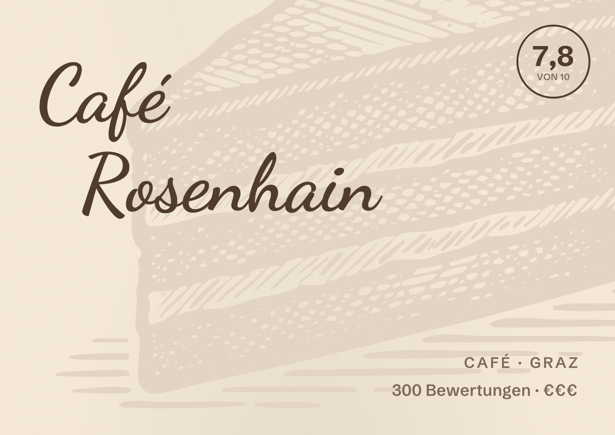 Illustriertes Poster von Café Rosenhain, Café in Graz: Bewertung 7,8 von 10 aus 300 Bewertungen, Preisniveau €€€